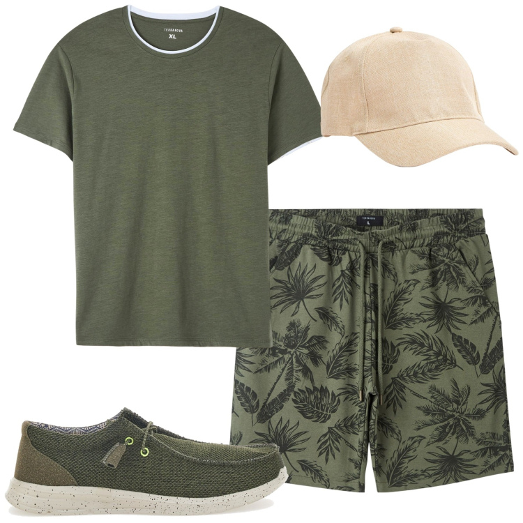 Outfit uomo - Green. Stile Casual per Tutti i giorni. Abbinamento con t-shirt, bermuda, cappelli, scarpe stringate.