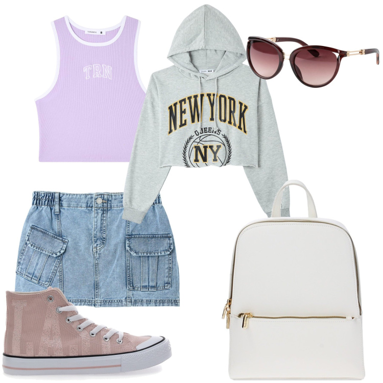 Outfit donna - Uscita fuori. Stile Casual per Tutti i giorni. Abbinamento con occhiali da sole, canottiere, minigonne, felpe con cappuccio, zaini, sneakers.