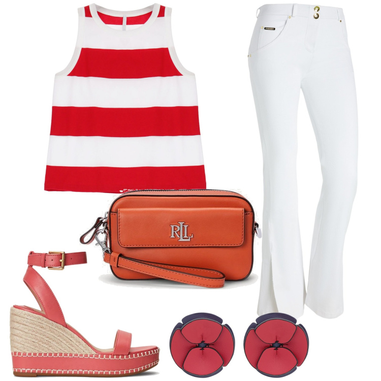 Outfit donna - Stile marinara. Stile Casual chic per Tutti i giorni. Abbinamento con orecchini, top, jeans a zampa, pochette, espadrillas.