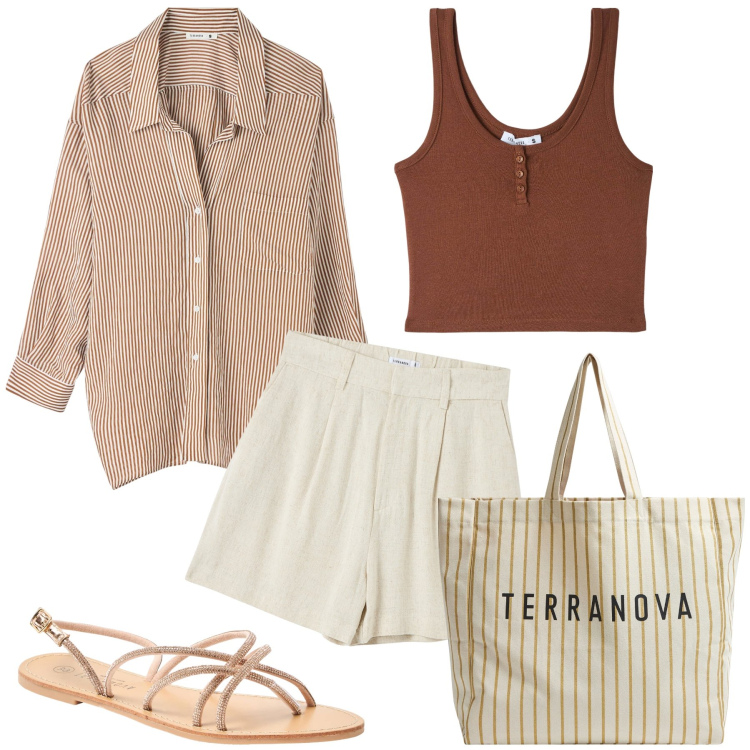Outfit donna - Sfumature di marrone. Stile Casual per Mare. Abbinamento con camicie, bermuda, sandali, canottiere, borse tote.