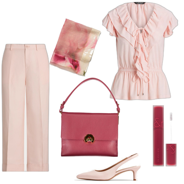 Outfit donna - Appuntamento elegante. Stile Chic per Serata fuori. Abbinamento con rossetti, top, décolleté, pantaloni, borse a spalla, sciarpe.