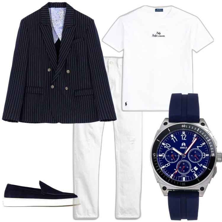 Outfit uomo - Trendy serata a cena al lago. Stile Trendy per Serata speciale. Abbinamento con orologi, giacche, jeans, t-shirt, scarpe stringate.