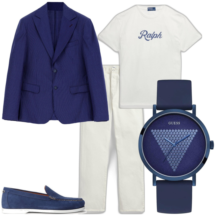 Outfit uomo - Trendy cena sul lungomare. Stile Trendy per Serata speciale. Abbinamento con orologi, giacche, scarpe stringate, jeans dritti, t-shirt.