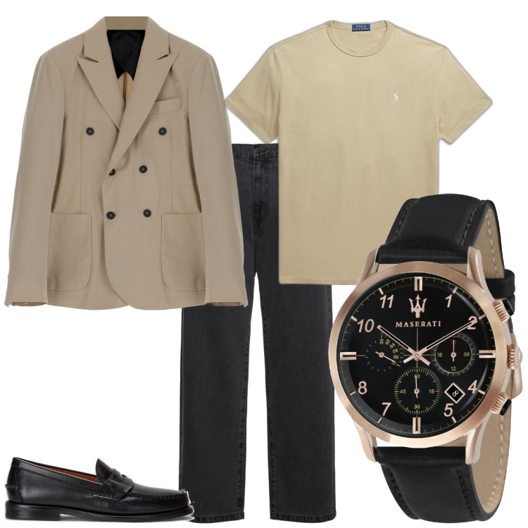 Outfit uomo - Trendy una cena elegante. Stile Trendy per Serata speciale. Abbinamento con orologi, giacche, scarpe stringate, t-shirt, pantaloni.