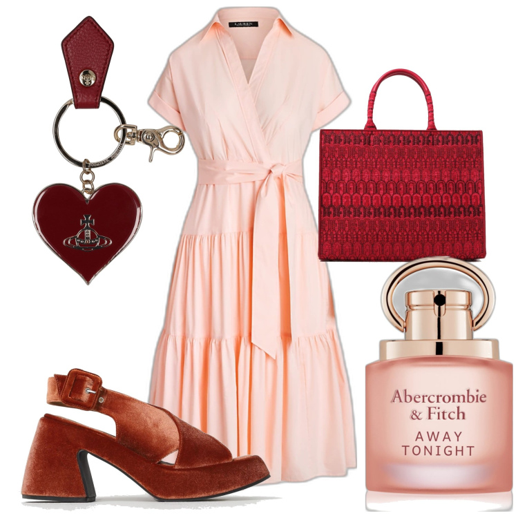 Outfit donna - Rosa e bordeaux. Stile Bon Ton per Tutti i giorni. Abbinamento con profumi, vestiti, sandali in pelle, borse tote, portachiavi.