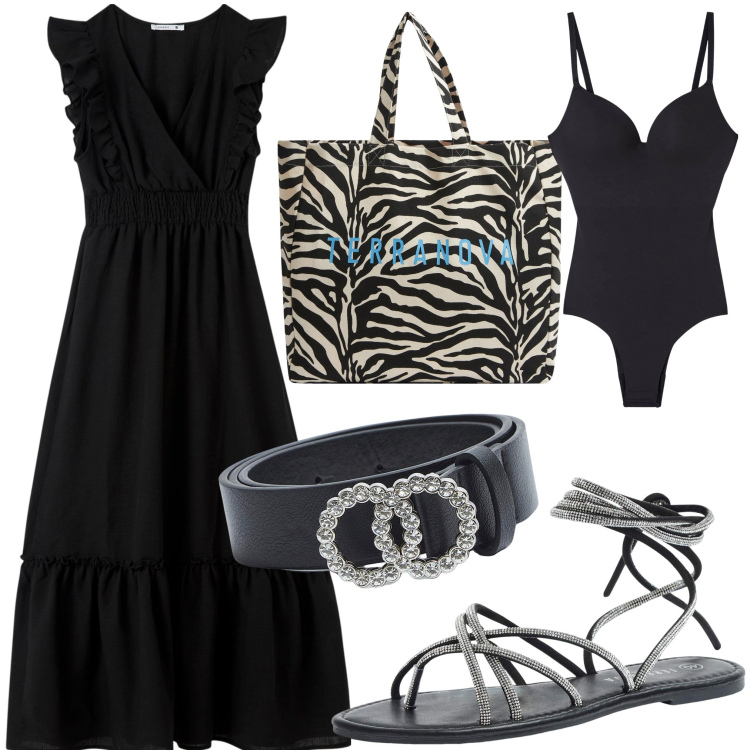 Outfit donna - Borsa zebrata. Stile Bon Ton per Tutti i giorni. Abbinamento con vestiti lunghi, borse tote, sandali alla schiava, body, cinture.