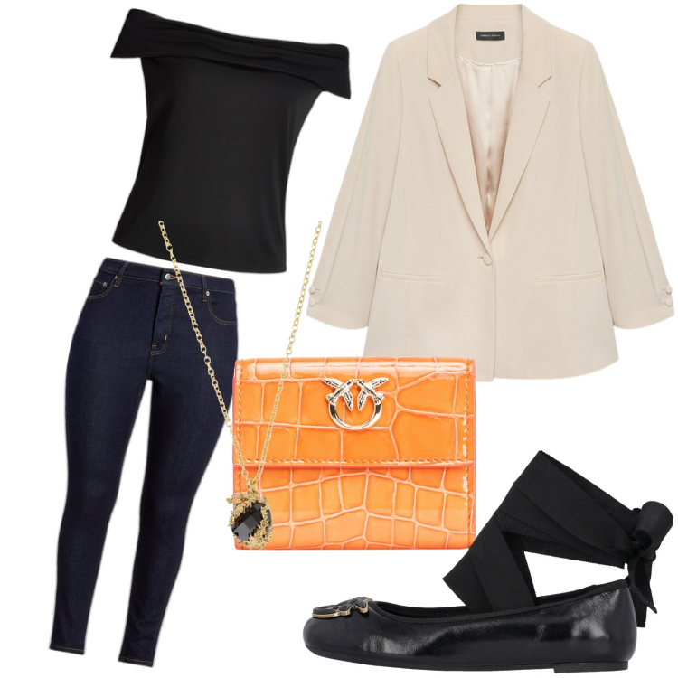 Outfit donna - Giacca charmant. Stile Casual per Ufficio. look ideale per Petite. Abbinamento con collane, portafogli, ballerine, jeans skinny, top, blazer.