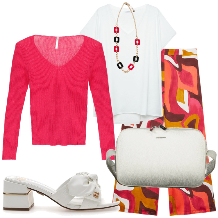 Outfit donna - In città. Stile Casual chic per Tutti i giorni. Abbinamento con pullovers, t-shirt, ciabatte, pantaloni a palazzo, borse a tracolla, ciondoli.
