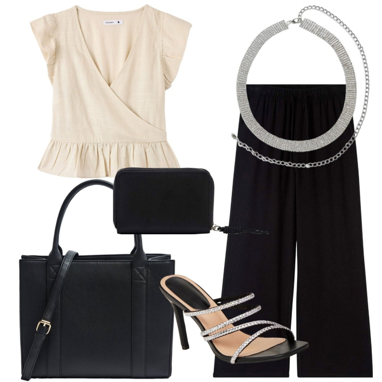 Outfit donna - Terranova speciale lino. Stile Casual chic per Serata fuori. Abbinamento con pantaloni, cinture, bluse, shopping bag, portafogli, sandali col tacco.