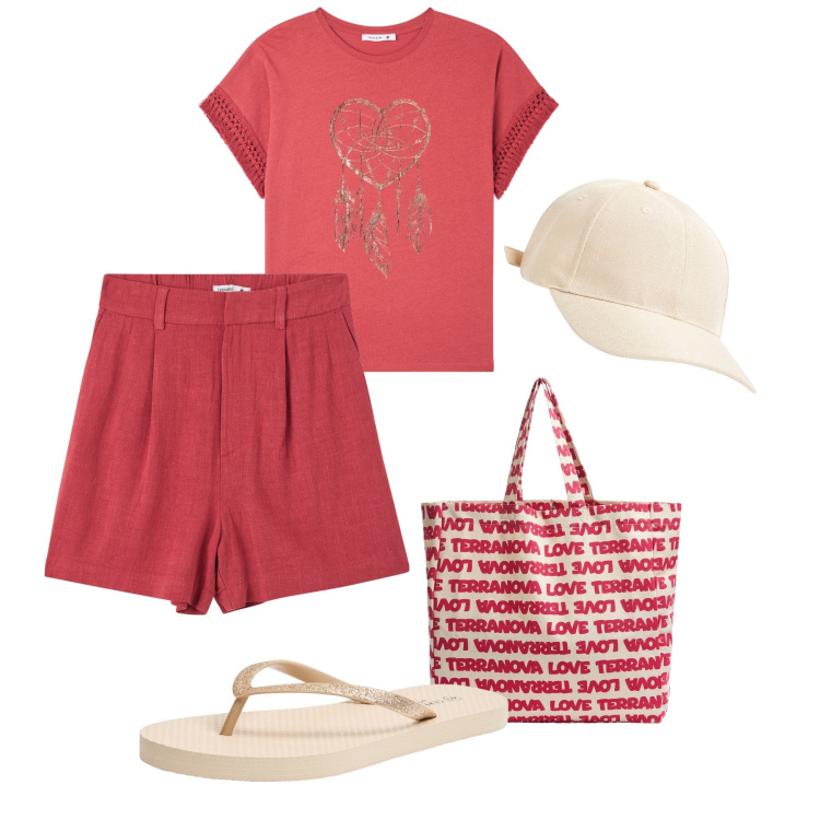 Outfit donna - Al mercato con gli shorts in lino. Stile Basic per Tutti i giorni. Abbinamento con t-shirt, cappelli, bermuda, infradito, borse tote.