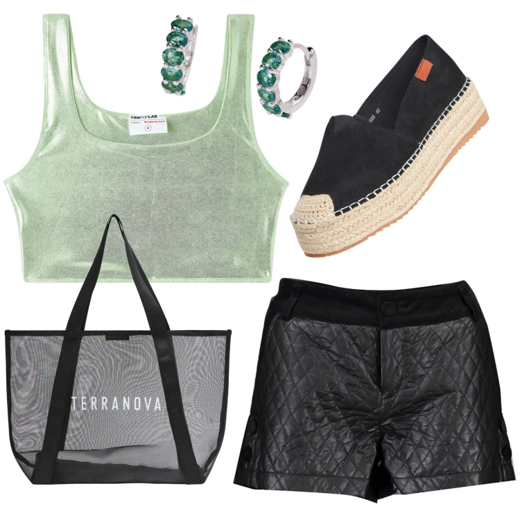 Outfit donna - Short nero. Stile Sporty chic per Sport. look ideale per Petite. Abbinamento con top, shopping bag, espadrillas, orecchini, pantaloni.