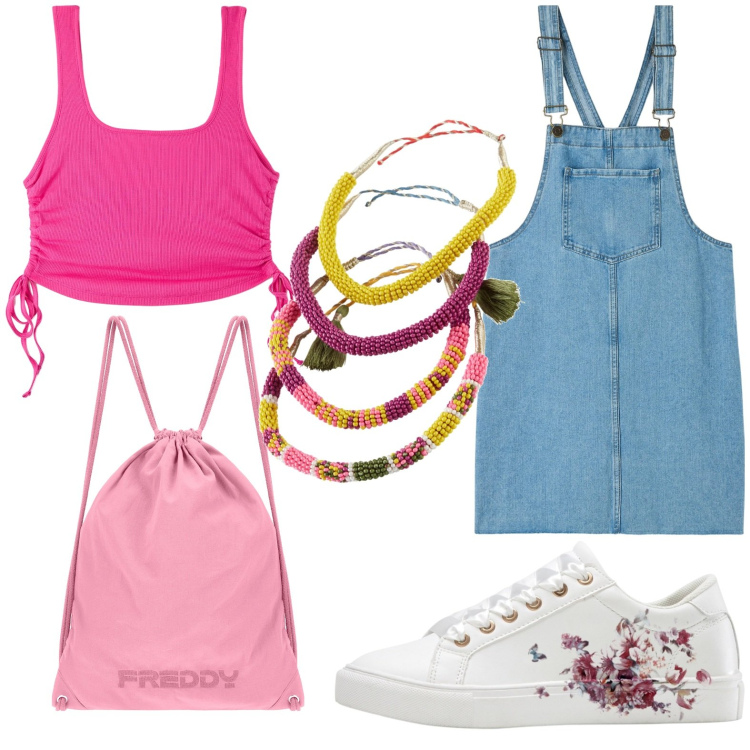 Outfit donna - Serata rosa beach. Stile Trendy per Mare. look ideale per Petite. Abbinamento con sneakers, braccialetti, canottiere, vestiti senza maniche, zaini.