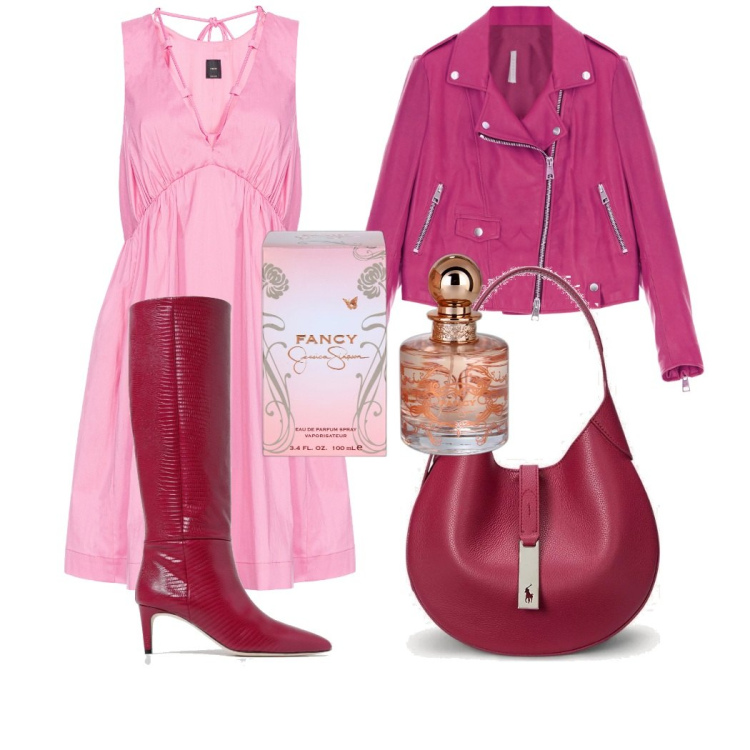 Outfit donna - Serata in rosa e bordeaux. Stile Casual chic per Serata fuori. Abbinamento con profumi, vestiti corti, giacche, borse a spalla, stivali.