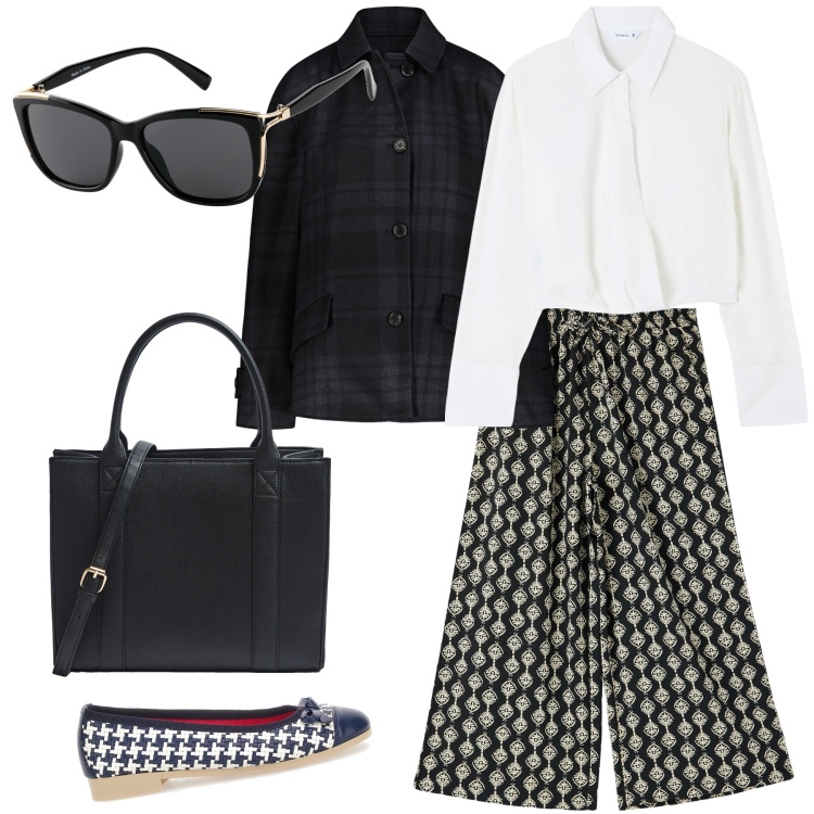 Outfit donna - Oggi esco così. Stile Urban per Tutti i giorni. Abbinamento con occhiali da sole, pantaloni a palazzo, shopping bag, bluse, blazer, ballerine.