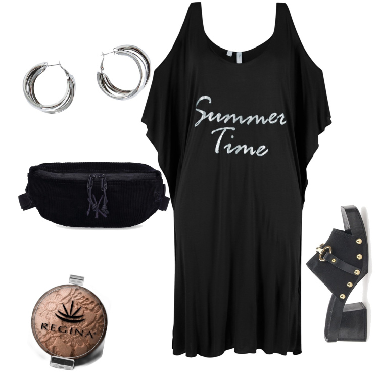Outfit donna - It s Summer time. Stile Basic per Mare. Abbinamento con vestiti da spiaggia, terre, orecchini, zoccoli, marsupi.