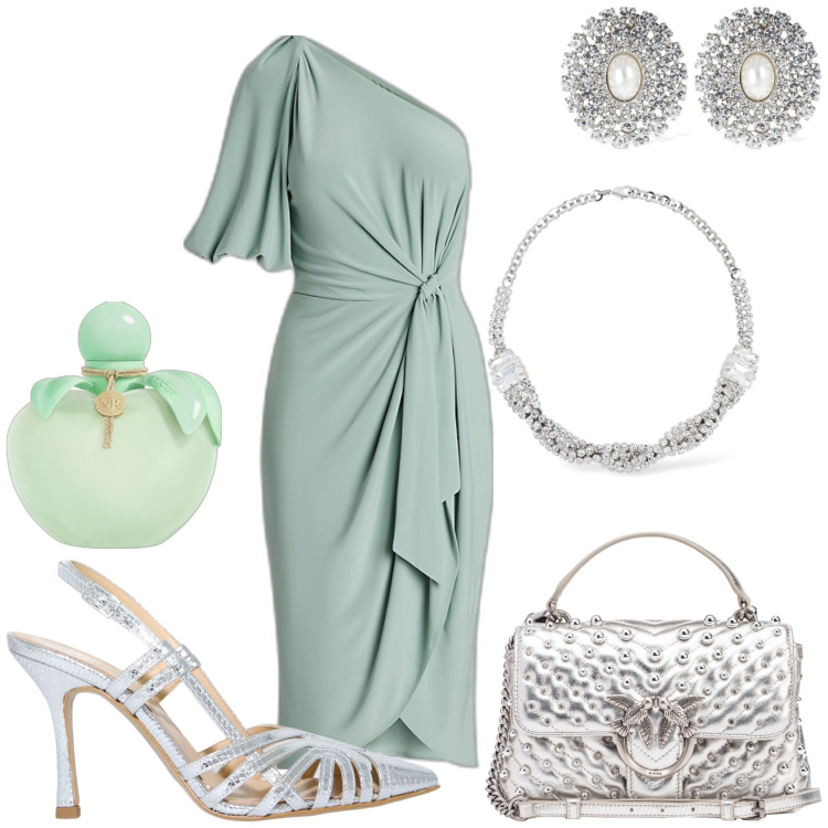Outfit donna - Cerimonia. Stile Chic per Cerimonia. Abbinamento con profumi, borse a spalla, sandali in pelle, vestiti asimmetrici, orecchini, collane.