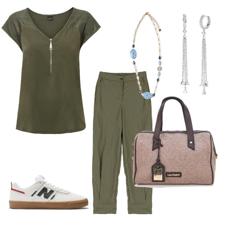 Outfit donna - Primavera causal. Stile Casual per Tutti i giorni. Abbinamento con t-shirt, orecchini, sneakers, pantaloni, borse a mano, ciondoli.