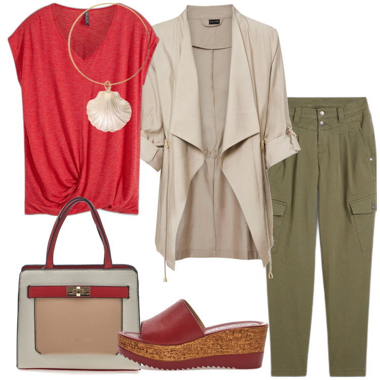 Outfit donna - Casual curvy. Stile Casual chic per Tutti i giorni. Abbinamento con maglieria, pantaloni cargo, blazer, braccialetti, ciabatte, borse a mano.