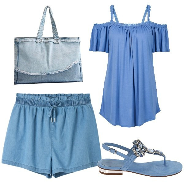 Outfit donna - Total denim. Stile Casual chic per Mare. Abbinamento con maglieria, shorts, shopping bag, ciabatte.