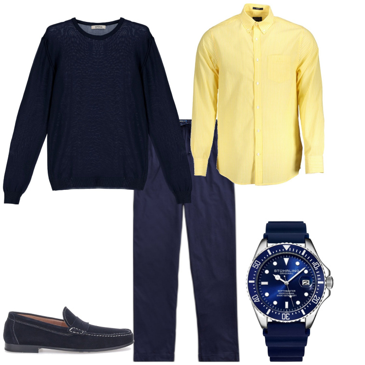 Outfit uomo - Trendy week end. Stile Trendy per Tutti i giorni. Abbinamento con orologi, pullovers, pantaloni, scarpe stringate, camicie.