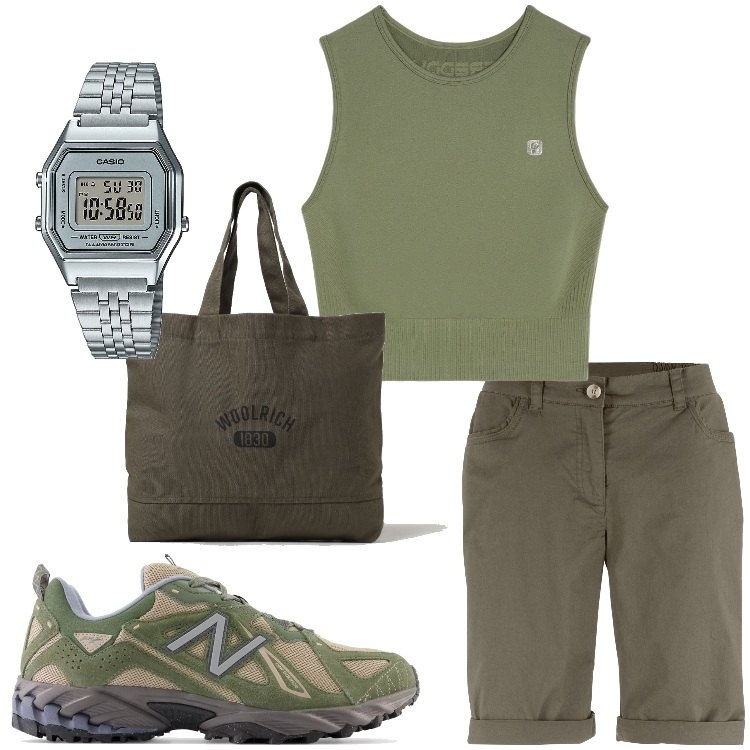 Outfit donna - Military style. Stile Military per Tutti i giorni. Abbinamento con bermuda, orologi, sneakers, top, borse tote.