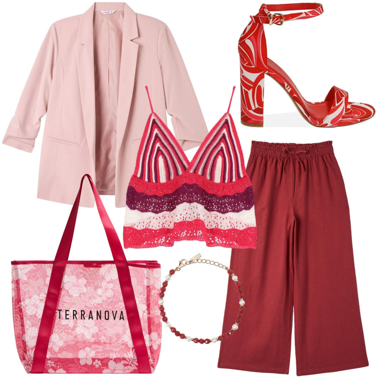 Outfit donna - Sfumature pop. Stile Casual chic per Serata fuori. Abbinamento con shopping bag, blazer, pantaloni, braccialetti, top, sandali col tacco.