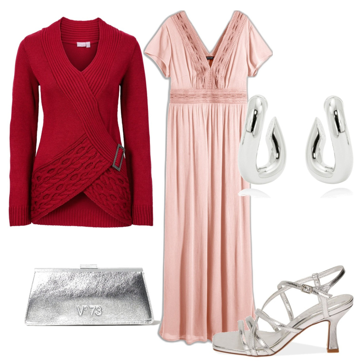 Outfit donna - Accenti argentei. Stile Glamour per Cerimonia. Abbinamento con vestiti lunghi, maglieria, orecchini, sandali col tacco, clutch.