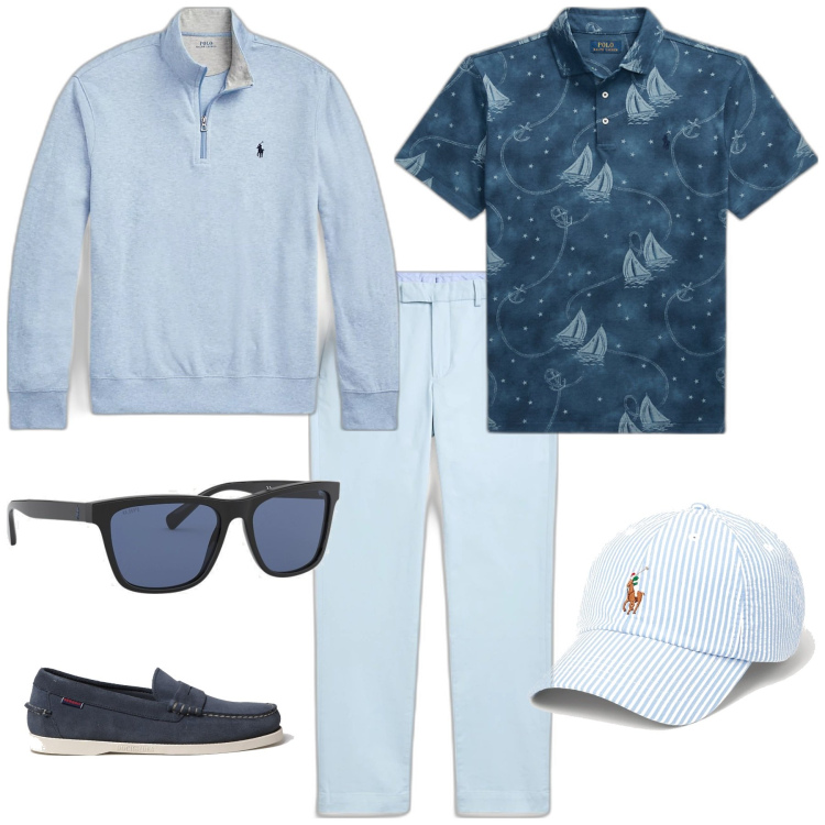 Outfit uomo - Trendy week end al mare. Stile Trendy per Mare. Abbinamento con pullovers, occhiali da sole, cappelli, pantaloni chino, polo, scarpe stringate.