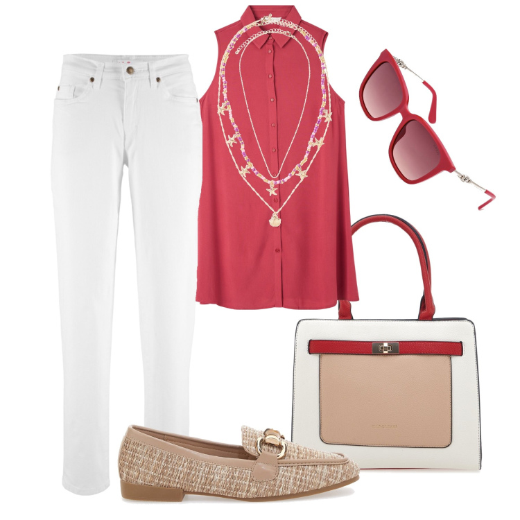 Outfit donna - Sportiva con classe in ufficio. Stile Casual chic per Ufficio. Abbinamento con jeans mom, ciondoli, camicie, mocassini, borse a spalla, occhiali da sole.