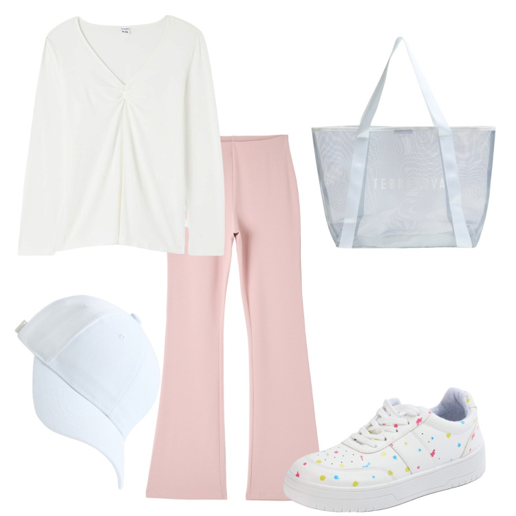 Outfit donna - One sporty day. Stile Sporty chic per Tutti i giorni. Abbinamento con cappelli, t-shirt, pantaloni, sneakers, shopping bag.