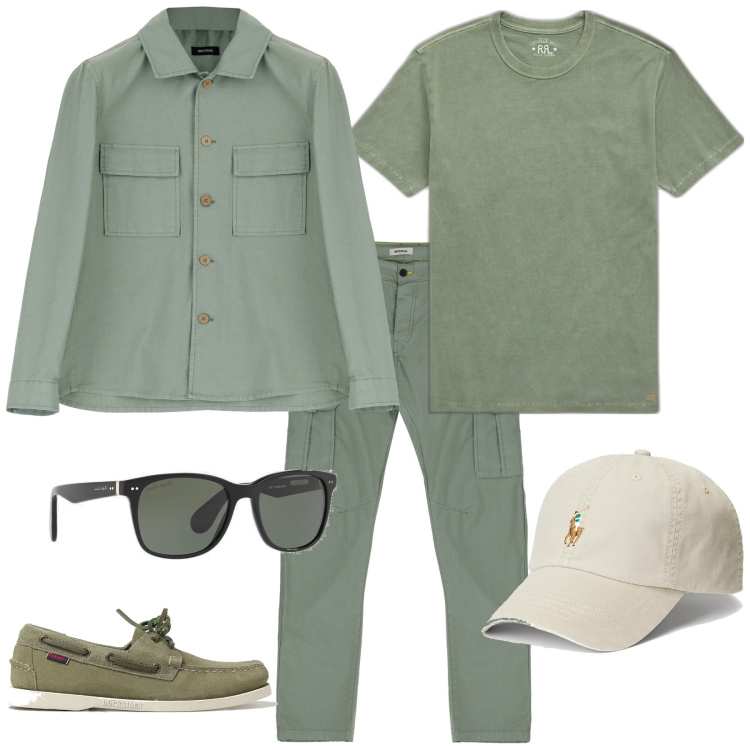 Outfit uomo - Casual week end. Stile Casual per Tutti i giorni. Abbinamento con pantaloni cargo, camicie, cappelli, occhiali da sole, t-shirt, scarpe stringate.
