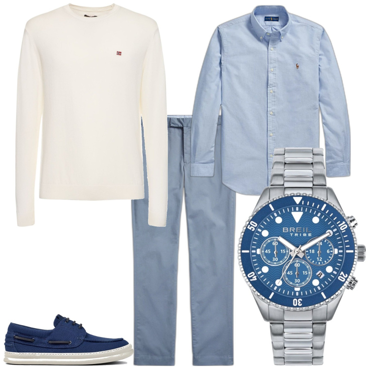 Outfit uomo - Trendy cena sul lungomare. Stile Trendy per Serata speciale. Abbinamento con orologi, camicie, pantaloni chino, pullovers, scarpe stringate.