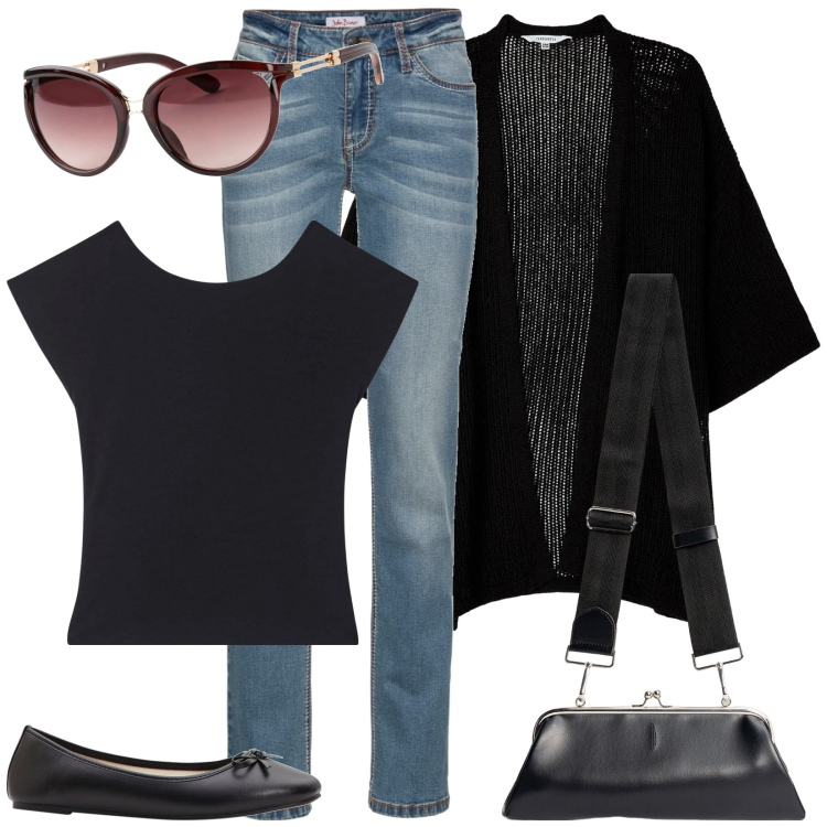 Outfit donna - Piccolo budget. Stile Casual per Tutti i giorni. Abbinamento con occhiali da sole, jeans dritti, ballerine, t-shirt, kimono, clutch.