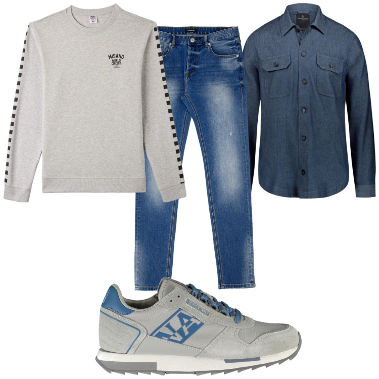 Outfit uomo - Total look #1874158. Stile Trendy per Tutti i giorni. Abbinamento con felpe, jeans slim fit, camicie, scarpe sportive.