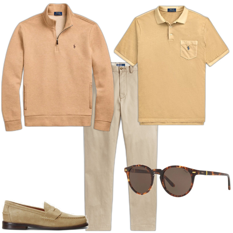 Outfit uomo - Trendy per ufficio week end. Stile Trendy per Ufficio. Abbinamento con occhiali da sole, pantaloni chino, scarpe stringate, pullovers, polo.