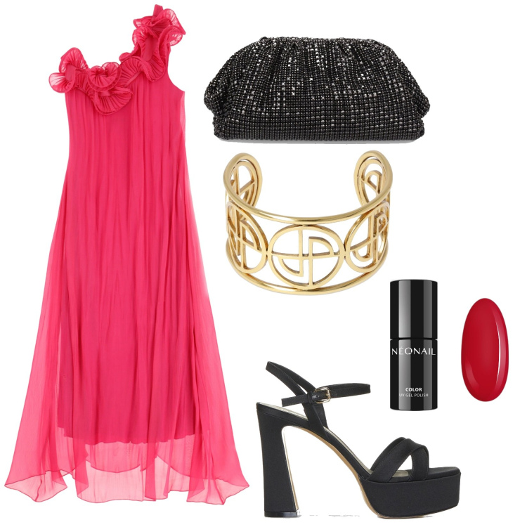 Outfit donna - Bantoa events season. Stile Chic per Cerimonia. Abbinamento con smalti, vestiti lunghi, braccialetti, pochette, sandali col tacco.