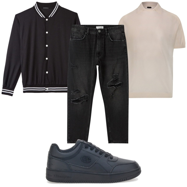 Outfit uomo - Total look #1874164. Stile Casual per Tutti i giorni. Abbinamento con jeans strappati, bomber, polo, scarpe sportive.