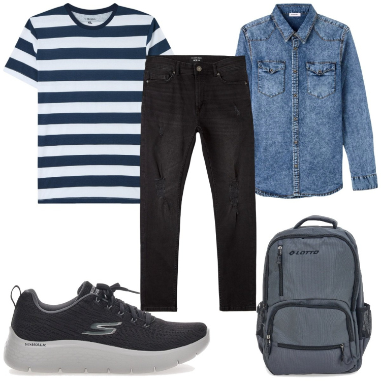 Outfit uomo - Total look #1874169. Stile Trendy per Tutti i giorni. Abbinamento con t-shirt, jeans strappati, camicie, scarpe sportive, borse sportive.