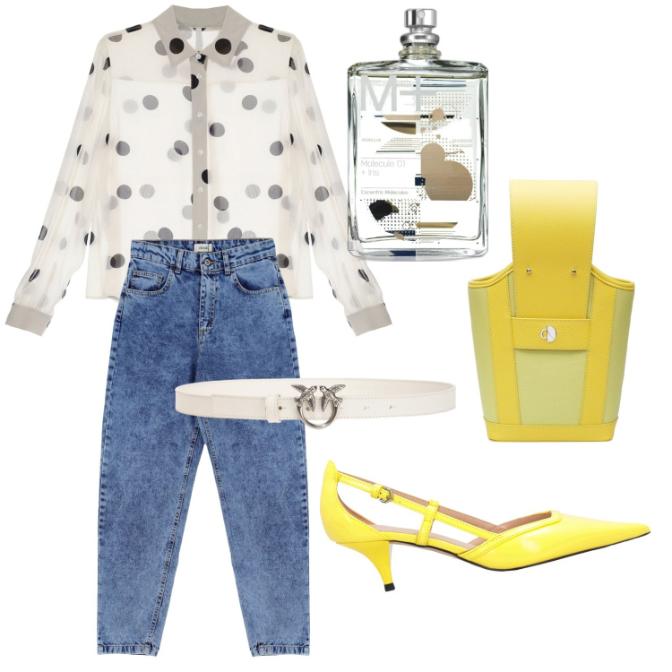 Outfit donna - Total look #1874177. Stile Casual chic per Tutti i giorni. Abbinamento con profumi, cinture, décolleté, camicie, jeans slim fit, shopping bag.