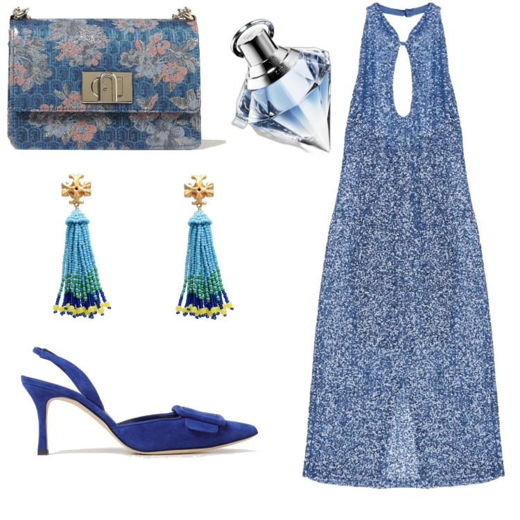 Outfit donna - Serata. Stile Chic per Serata fuori. Abbinamento con orecchini, profumi, vestiti lunghi, scarpe col tacco, borse a spalla.