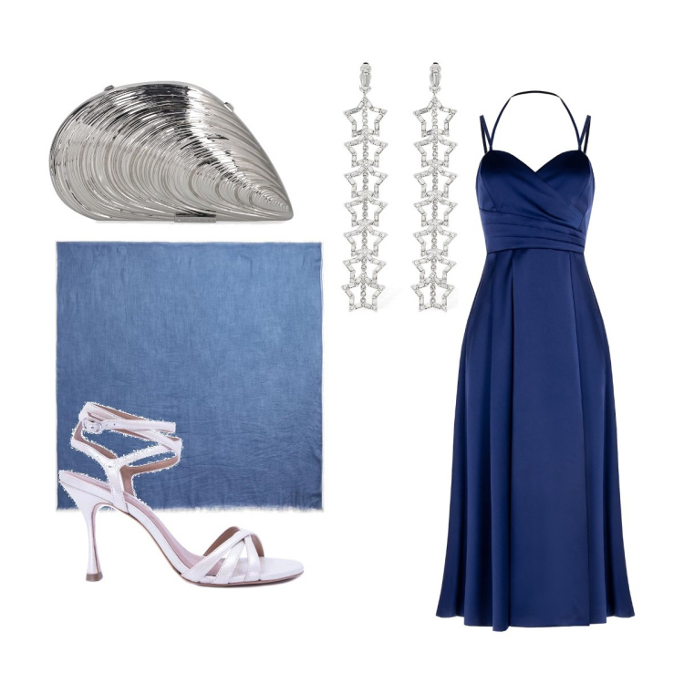 Outfit donna - Notturno blu. Stile Chic per Cerimonia. Abbinamento con vestiti lunghi, sciarpe, pochette, sandali col tacco, orecchini.