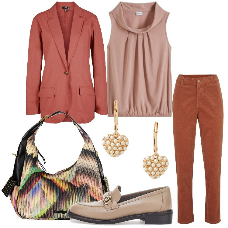 Outfit donna - La giacca per tutta la giornata. Stile Casual chic per Ufficio. Abbinamento con top, pantaloni, blazer, orecchini, borse a spalla, mocassini.