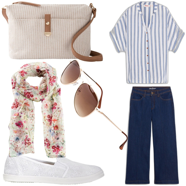 Outfit donna - Total look #1874195. Stile Urban per Tutti i giorni. Abbinamento con camicie, ballerine, foulard, occhiali da sole, jeans, borse a tracolla.