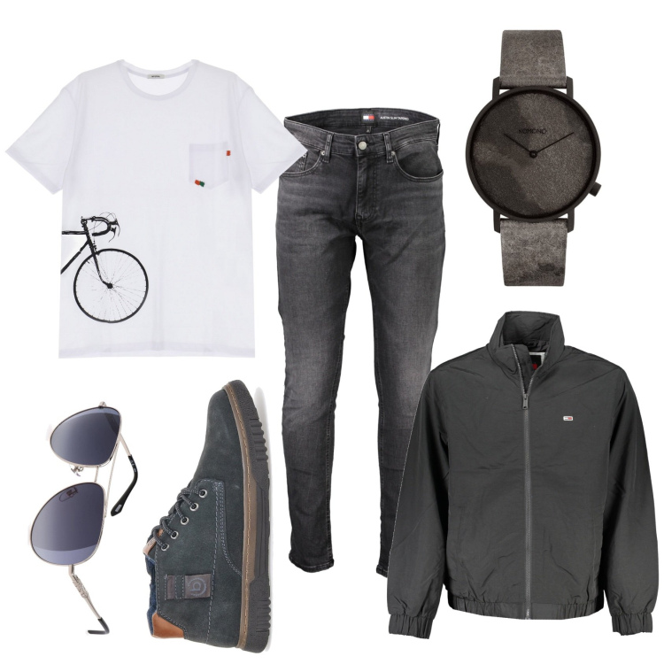 Outfit uomo - Sul lungomare. Stile Urban per Tutti i giorni. Abbinamento con t-shirt, orologi, scarpe stringate, jeans, occhiali da sole, giacche.