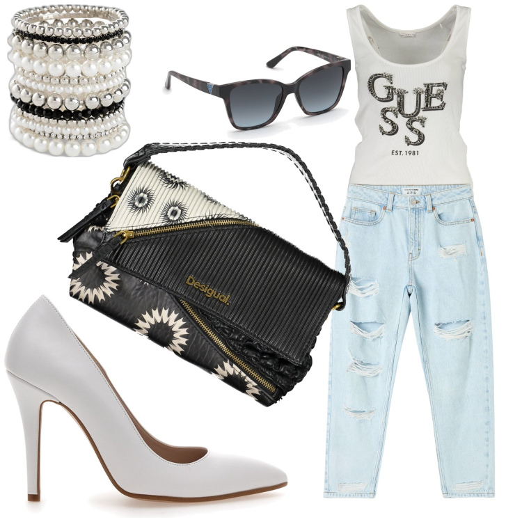 Outfit donna - Top chiaro. Stile Casual per Tutti i giorni. Abbinamento con braccialetti, jeans mom, canottiere, occhiali da sole, borse a spalla, décolleté.