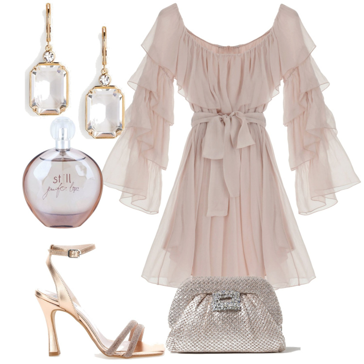 Outfit donna - Serata. Stile Glamour per Serata fuori. Abbinamento con profumi, vestiti corti, orecchini, sandali col tacco, clutch.