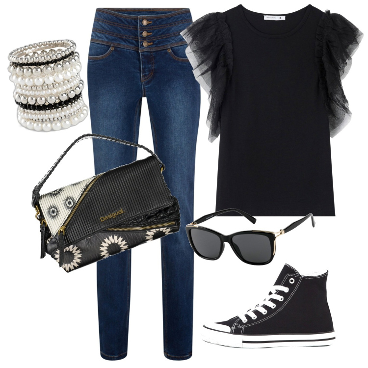 Outfit donna - Praticità. Stile Casual per Tutti i giorni. Abbinamento con braccialetti, sneakers alte, occhiali da sole, jeans slim fit, t-shirt, borse a spalla.