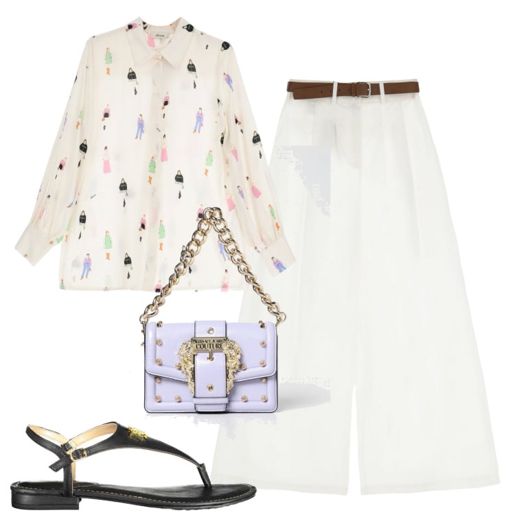 Outfit donna - City. Stile Casual chic per Tutti i giorni. Abbinamento con camicie, pantaloni a palazzo, ciabatte, borse a spalla.