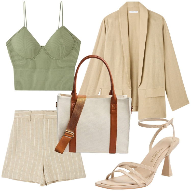 Outfit donna - Total look #1874216. Stile Casual chic per Tutti i giorni. Abbinamento con bermuda, blazer, top, shopping bag, sandali col tacco.