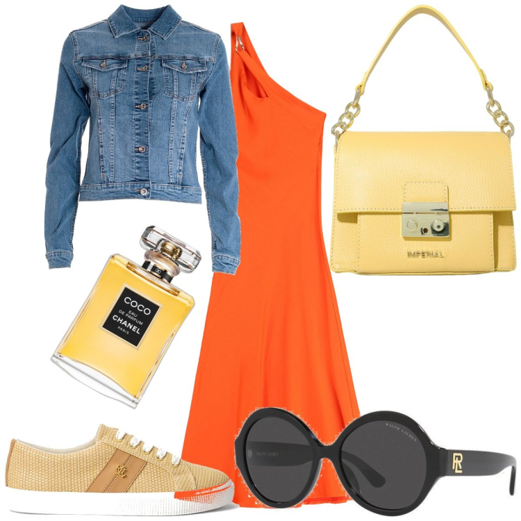 Outfit donna - Sera in spiaggia. Stile Casual chic per Serata fuori. Abbinamento con profumi, giacche, vestiti asimmetrici, pochette, occhiali da sole, sneakers.